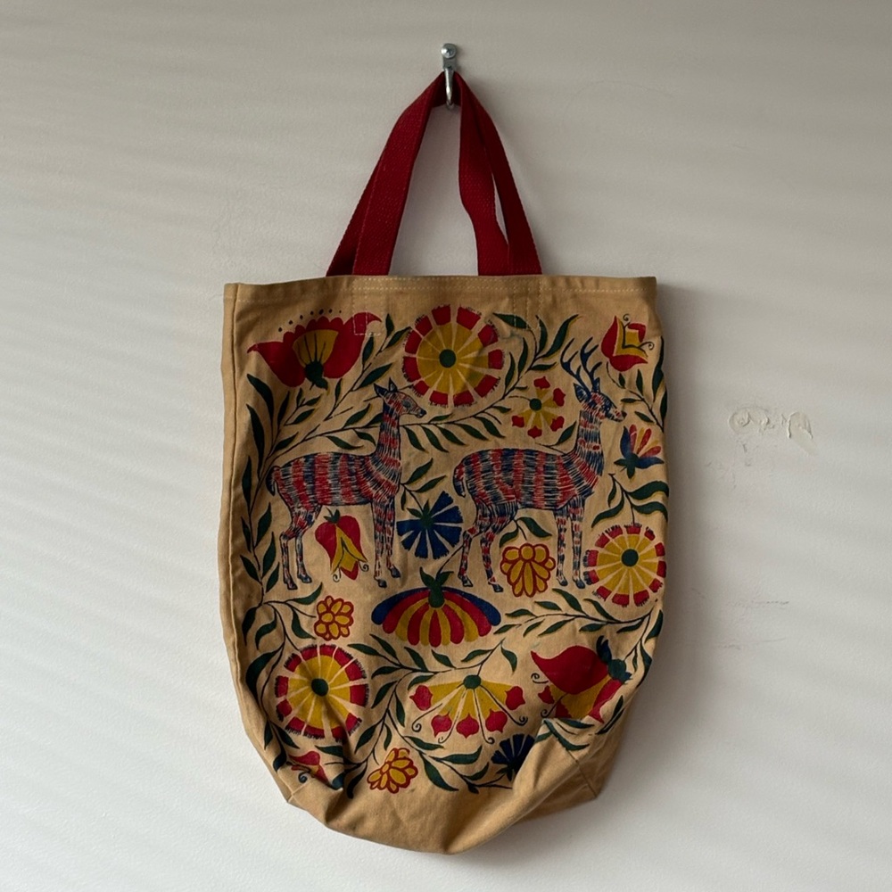 Handprinted Folk Tote Bag with Red Handles